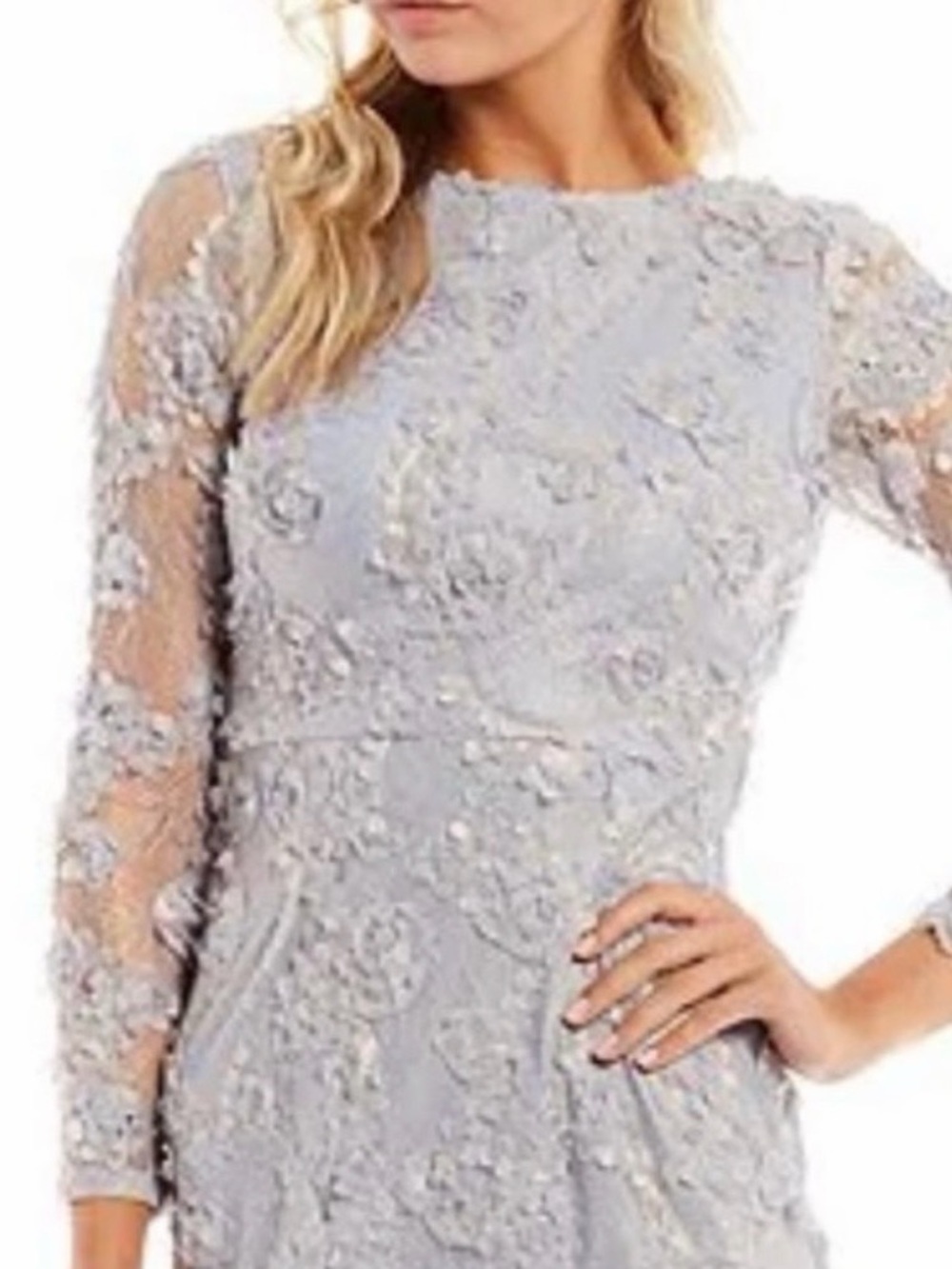 Xscape Size 8 Dusty Blue 3D Floral Lace Long Sleeve Midi Dress